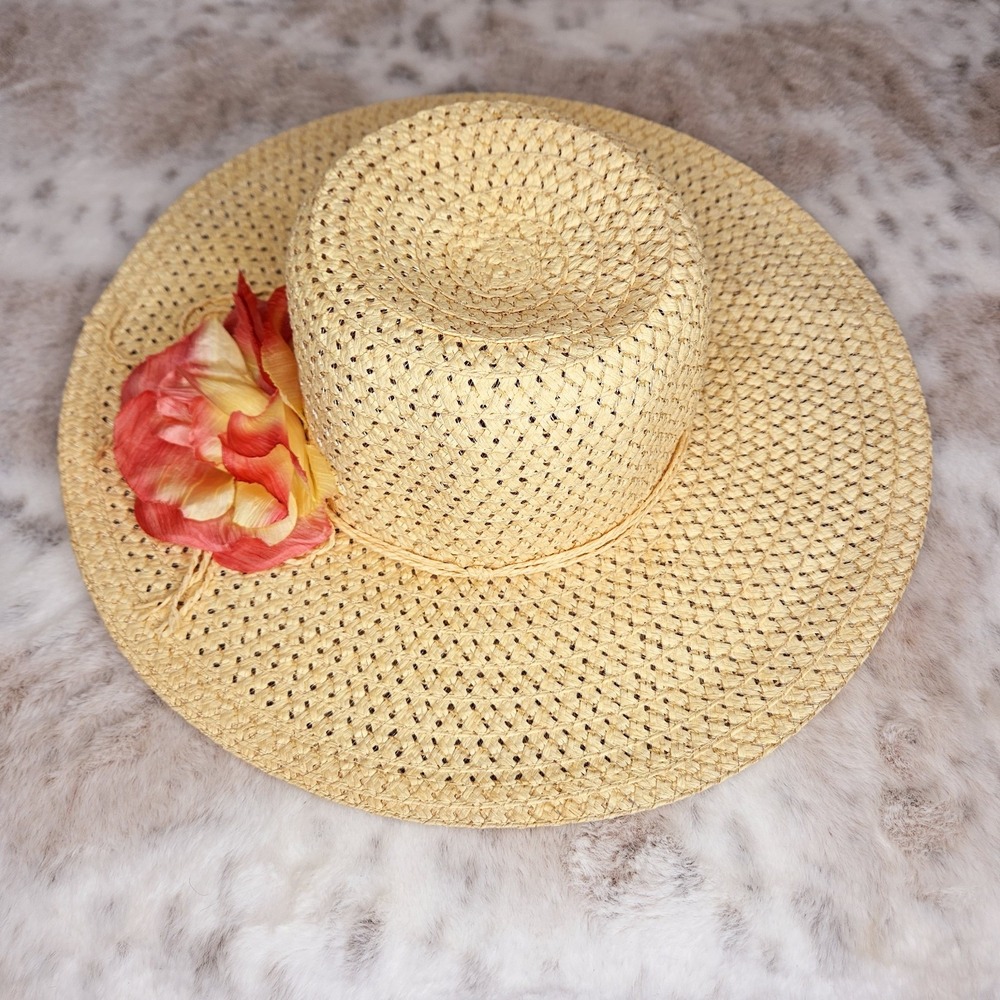Tan Woven Paper Straw Wide Brim Sun Hat‎ OS Flower Cottagecore Beachy Coastal